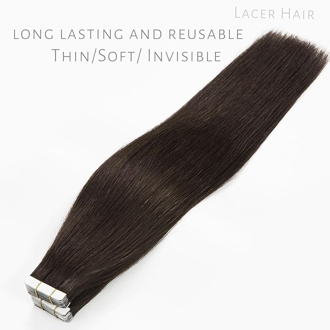 Lacer Tape in Extensions Real Human Hair Darkest Brown Invisible Skin Weft Straight Human Hair Tape in Extensions 14 Inch 100 Gram Per Package 40 Pcs