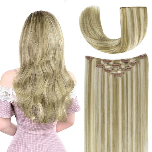 12" Clip in Hair Extensions Remy Human Hair for Women - Silky Straight Ash Blonde Highlighted Platinum Blonde Real Hair Extensions Clip ins 58grams 4pieces (12inches, #17A-60A)