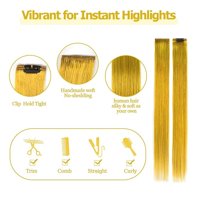 Winsky Colored Hair Extensions Real Human Hair - Clip in Party Highlights Halloween Hair Piece 5 Pieces/Set (18inch,Yellow)