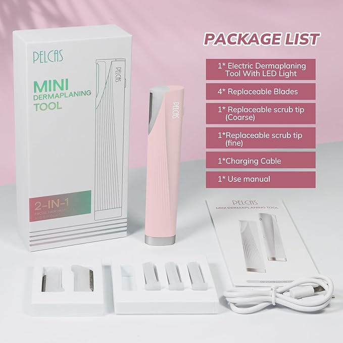 PELCAS Electric Dermaplaning Tool Kit for Women Face with LED Light, Facial Mini Dermaplaning Razor with 6 Blades, 3 Speeds 2 in 1 Facial Peach Fuzz Hair & Exfoliation Removal System at Home BV18-712