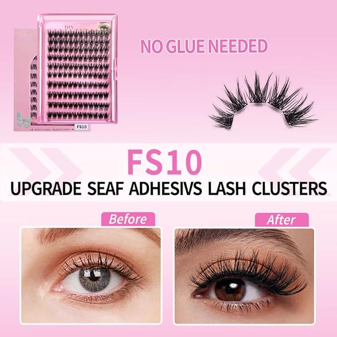 DIY Self Adhesive Eyelashes Natural Volume Lash Clusters Kit Pre Glued Eyelash Clusters No Glue Needed Lashes Wispy D-curl Cluster Eyelash Extensions Individual Lashes 5#