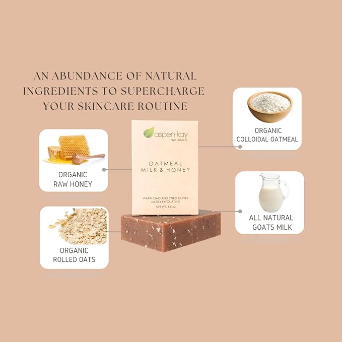 Aspen Kay Naturals Goats Milk, Honey & Oatmeal Soap Bar – with Organic Raw Honey, Goats Milk, Rolled Oats & Shea Butter - Exfoliating Soap – For All Skin Types - Handmade in Florida. 4.5 oz Bar