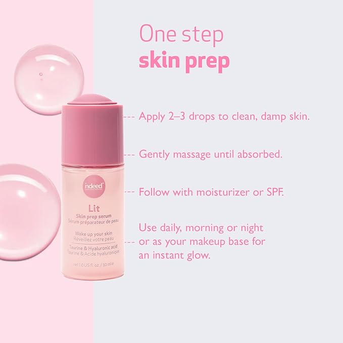 Indeed Labs Lit Skin Prep Serum for Makeup | Face Serum with Taurine for Radiance, Hydrating Hyaluronic Acid, & Pore-Minimizing Niacinamide | Gentle Makeup Base Facial Moisturizer | All Ages, (30 mL)