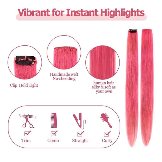 Winsky Pink Hair Extensions Clip in Human Hair - Clip on Colored Girls Hair Extensions Women Beauty 5 Pieces/Set (18inch,Pink)