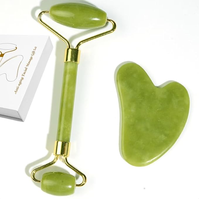 Natural Jade Roller & Gua Sha Set, Self Care Colorful Gift for Face Eye Neck Massager for Women Men, Jade Gua Sha Tool for Face for Skin Care, Improves Skin Tone-Beauty & Skincare (Black)