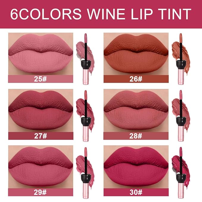 evpct Wine Lip Tint Stain 6 Colors Set Long Lasting Waterproof, Warm pink neutral Nude brown Deep cranberry Mauve pink Berry Wine Bottles Lip Tint Stain Peel off Liquid Lipstick Set, 05