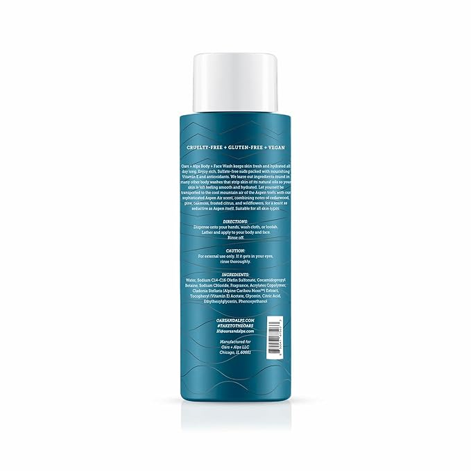 Oars + Alps Body and Face Wash for Men, Mens Body Wash & Face Cleanser with Vitamin E and Antioxidants, Moisturizing, Hydrating, Paraben & Sulfate Free Cleanser, Aspen Air, 2pk