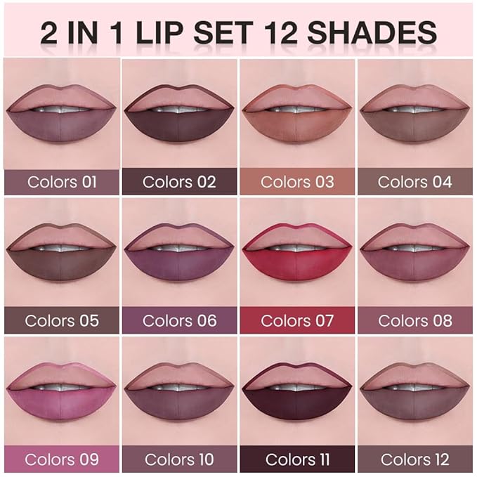 AMY'S DIARY 2pcs Chocolate Lip Liner & Lipstick&Shiny Clear Lip Oil Makeup Set, Liquid Lipstick 24H and Lip Liner Set Matt Liquid Lips Make Up Waterproof Long Lasting (02#, 2 Pcs Set)