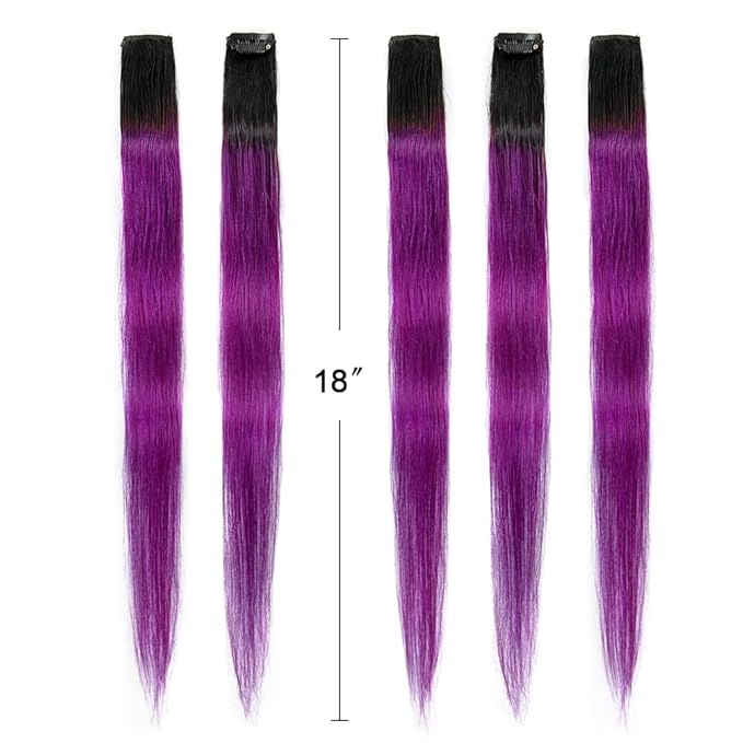 Winsky Purple Ombre Clip in Ombre Colored Hair Extensions 100% Real Human Hair - Hairpiece for Women Clip on 5 Pieces/set (18 Inch,1B-Purple)