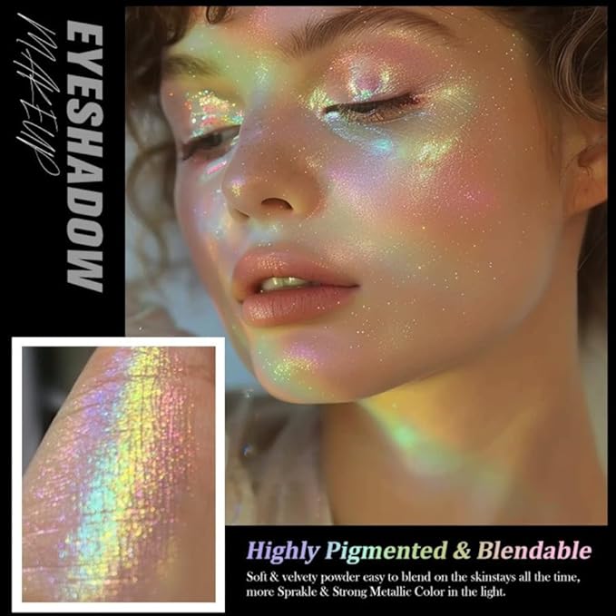 Chameleon Face Highlighter Palette, Multichrome Eyeshadow Shimmer Pigmented Powder, Holographic Sparkle Rainbow Highlighter(Rainbow)