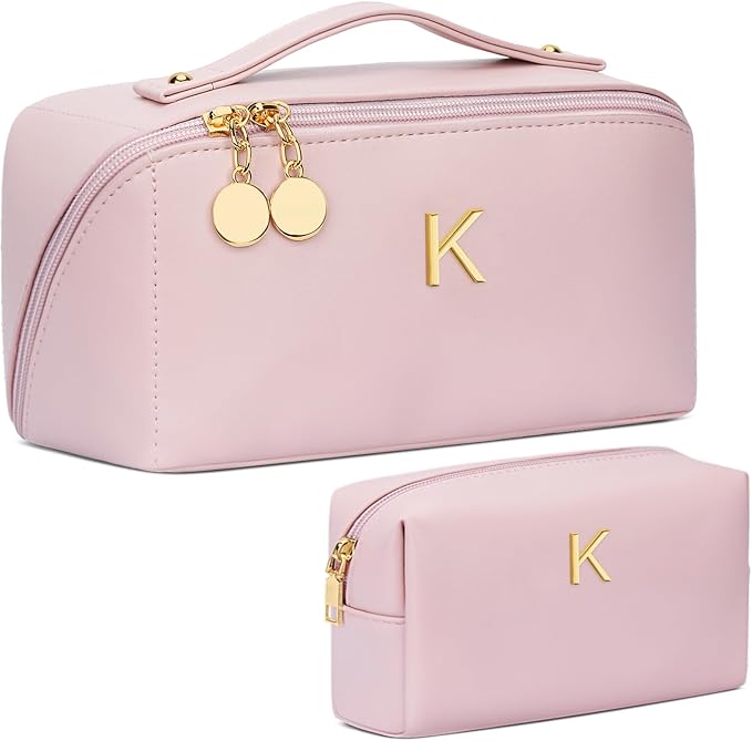Birthday Gifts for Women Teen Girl, Personalized Initial Makeup Organizer Bag Set, Open Flat Travel Cosmetic Bag With Clear Divider and Handle(Pink,K)