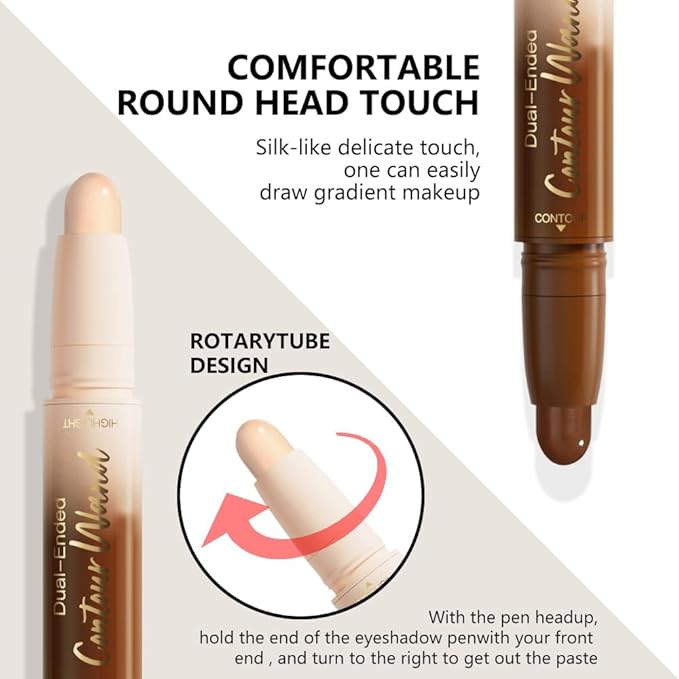 Dual-Ended 2-in-1 Cream Contour & Highlighter Stick Makeup For Face & Body – Waterproof, Long-Lasting, Suitable for All Skin Tones, 02#Nude + Light Beige