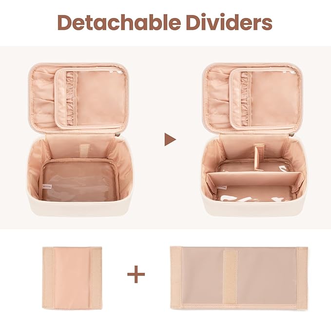 OCHEAL Makeup Bag, Make Up Bag for Cosmetics Vertical Storage,Toiletry Bag for Skincare Makeup Organizer Bag for Travel,With Makeup Brushes Compartments & Dividers -Beige