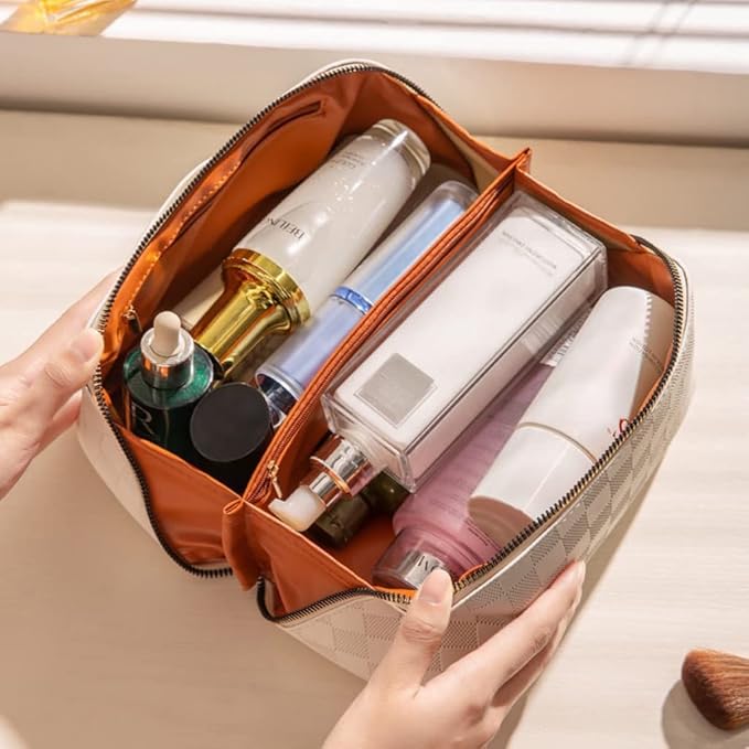 Large Capacity Checkered Makeup Bag Portable Travel Cosmetic Bag for Women Girls Makeup Pouch Portable Zipper Bag (Pink-Checkered)