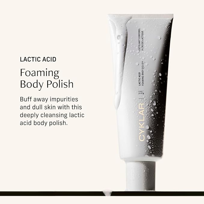 Cyklar Lactic Acid Foaming Body Polish – Exfoliating Body Wash with Chemical & Physical Smoothers – Includes Glycerin Hydration, Mandelic Acid & Volcanic Pumice. Fragrance-Free, 11 fl oz