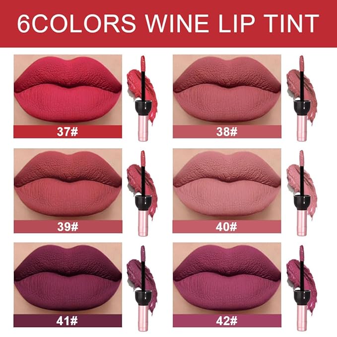 evpct Wine Bottle Lip Tint Stain 6 Colors Set Rose Red Chestnut Nude Brown Dark Plum Purple Matte Long Lasting 24 Hour Liquid Lipstick Set for Women labiales mate 24 horas originales labiales magicos