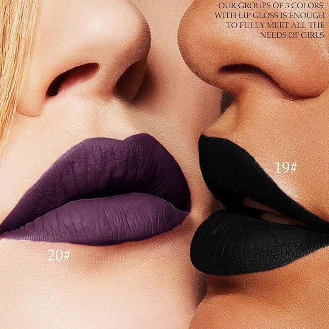 evpct 3Pcs Dark Blue Black Purple Matte Liquid Lipsticks Lip Gloss Stain Makeup Sets Smudge Proof, Skull Face 24 Hour Long Lasting Liquid Matte Lipstick Waterproof labial mate larga duracion 24