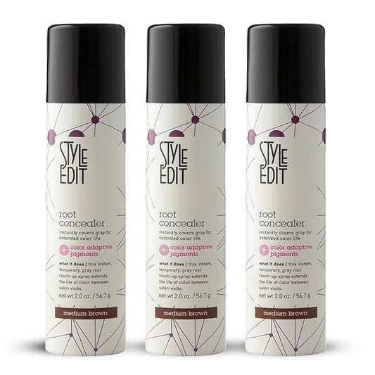 Style Edit Root Concealer Touch Up Spray - Instantly Covers Greys And Roots - Professional Salon Quality Grays Cover Up Hair Products for Women Medium Brown 2 Ounce (Pack of 3)