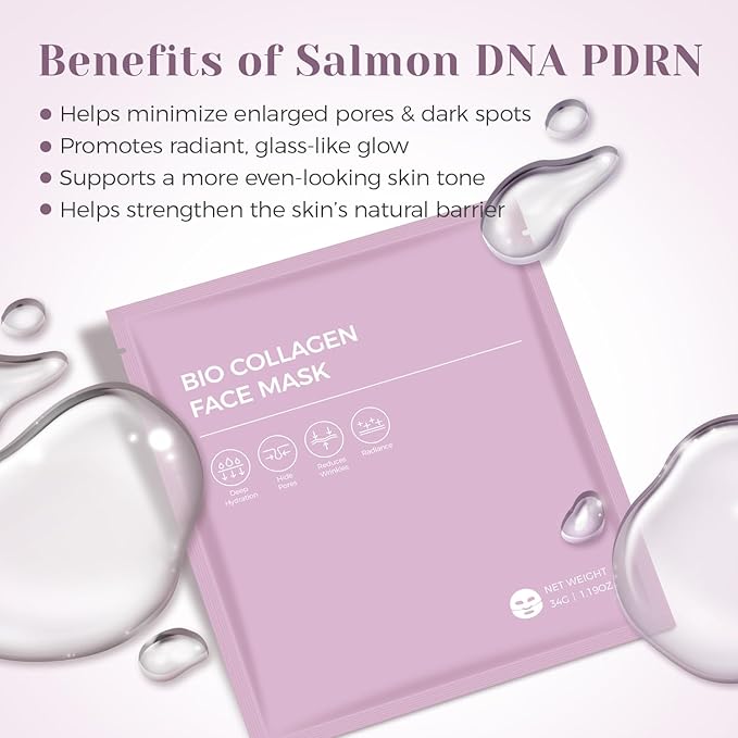 Salmon DNA PDRN Bio Collagen Sheet Mask – Hydrating & Brightening Face Mask with Niacinamide & Hyaluronic Acid for Radiant Glass Skin Glow, 34g Essence, 4 Pack