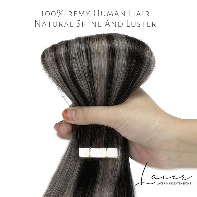 Lacer Grey Tape in Hair Extensions Human Hair Highlight Natural Black to Silver Color Balayage Grey Hair Extensions Tape in 16 Inch 20pcs/50g