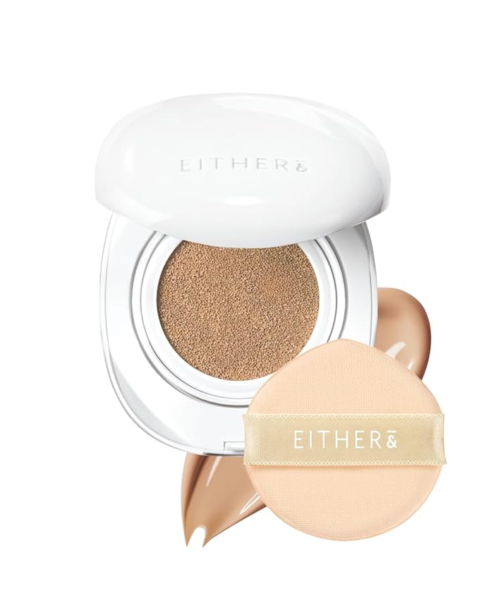EITHER& Glow Pixel Cushion Foundation, Skincare Formula, Dewy Glass Skin, Lightweight & Long-Lasting 100H Wear, Buildable Hydrating Korean Cushion (25P Honey, 12g)