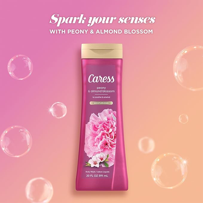 Caress Moisturizing Peony & Almond Blossom Body Wash for Fresh, Smooth Skin, Body Soap to Soothe & Unwind, 20 Fl Oz (Pack of 2)