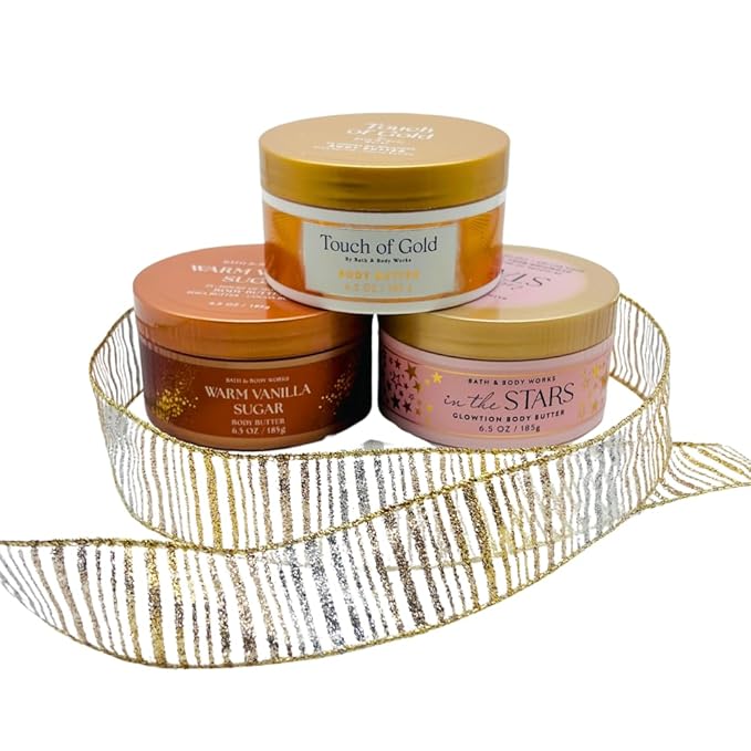 Bath & Body Works Golden Bundle 3-Pack Body Butter Gift Set – In The Stars Glowtion, Touch of Gold & Warm Vanilla Sugar 6.5 oz each with 30-Inch Metallic Gold & Silver Striped Bow for Holidays