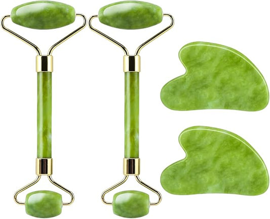 4-Piece Jade Roller & Gua Sha Set – Green Jade Facial & Body Sculpting Tools for Lymphatic Drainage, Puffiness Reduction & Wrinkle Minimizing – Gift for Women & Men