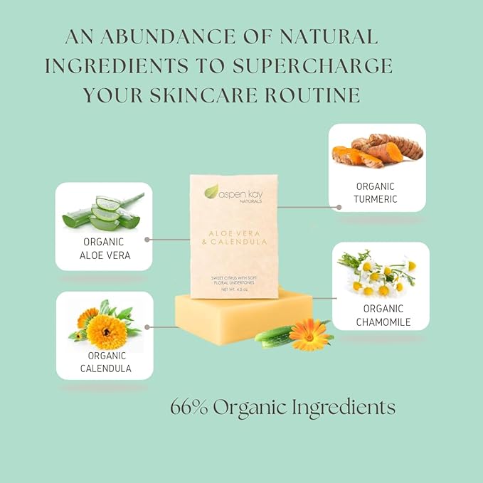 Aspen Kay Naturals Aloe Vera & Calendula Soap, Natural & Organic Ingredients, Organic Aloe Vera, Calendula & Turmeric Soap. Use for Face & Body. for Men, Women & Teens. Gentle Face Wash. 4.5 oz Bar