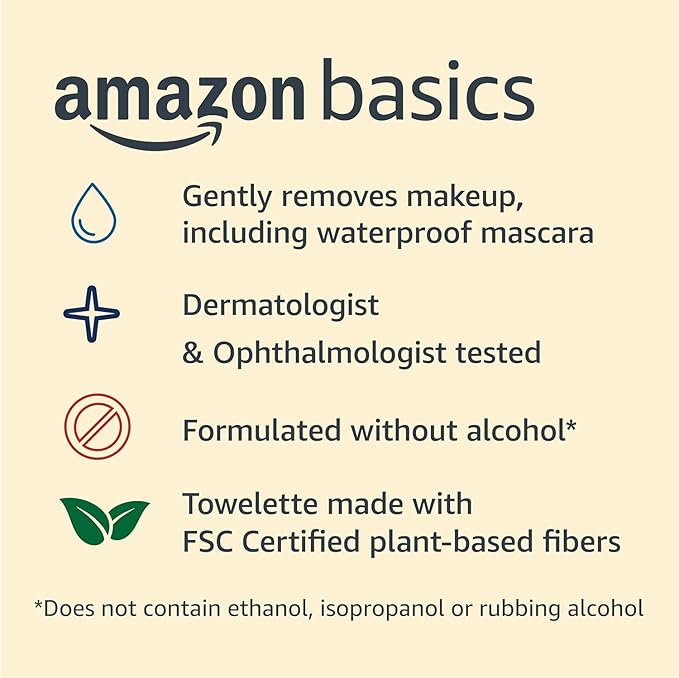 Amazon Basics Makeup Remover Wipes, Gentle Cleansing, Dermatologist Tested, Fragrance-Free, Plant Based, Alcohol-Free, Removes Waterproof Mascara, 25 Count Per Pack, Pack of 1