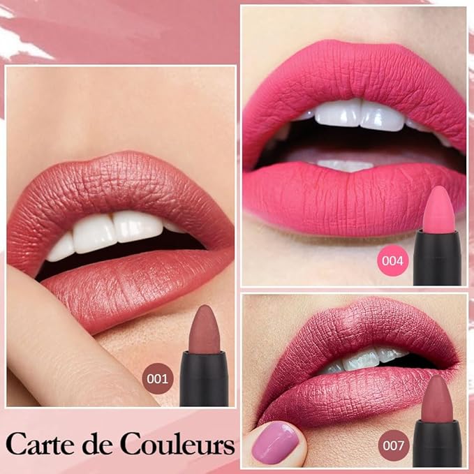 Generic Deep Dark Red Matte Lipstick and Lip Crayon Liner Pencil Pen Set for Women Lip Stain Long Lasting Waterproof labiales (3, 01# Light Pink Metallic & 04# Pink Matte & 07# Natural Pink Metallic)