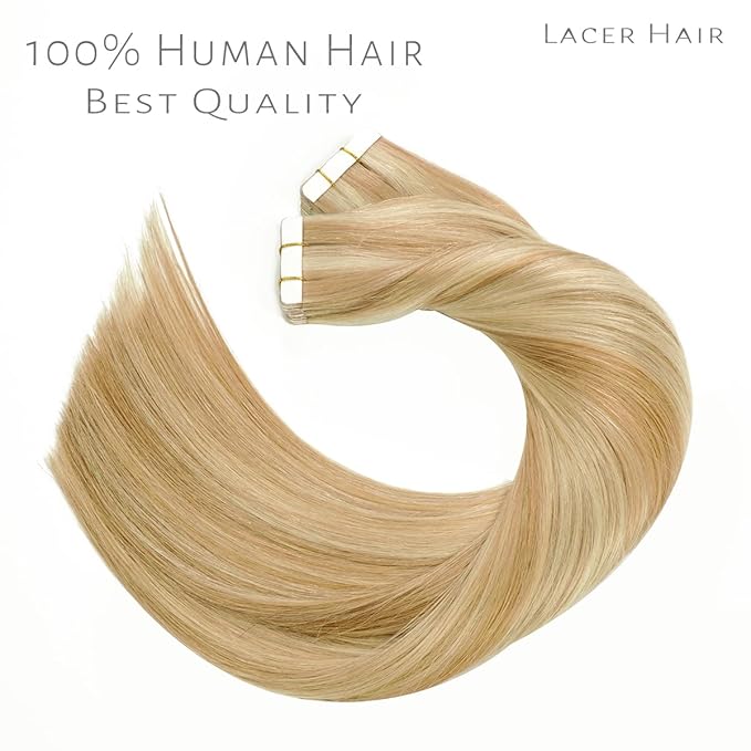 Lacer Hair Extensions Tape in Human Hair Natural Remy Seamless PU Skin Weft 100% Real Virgin Hair Ombre Golden Blonde to Platinum Blonde Double Side 50g 20pcs/set 20 Inch, P#12/60
