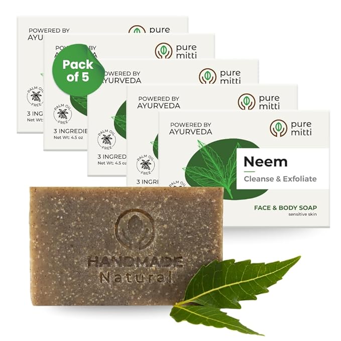 Neem Face, Body Bar Soap 4.5 oz, 5 Pack | Ayurvedic Exfoliating, Cleansing Bar with Coconut Oil, Castor Oil | Gentle Bath Soaps for Face Wash, Body Wash | Soft Soap for Daily Use, All Skins