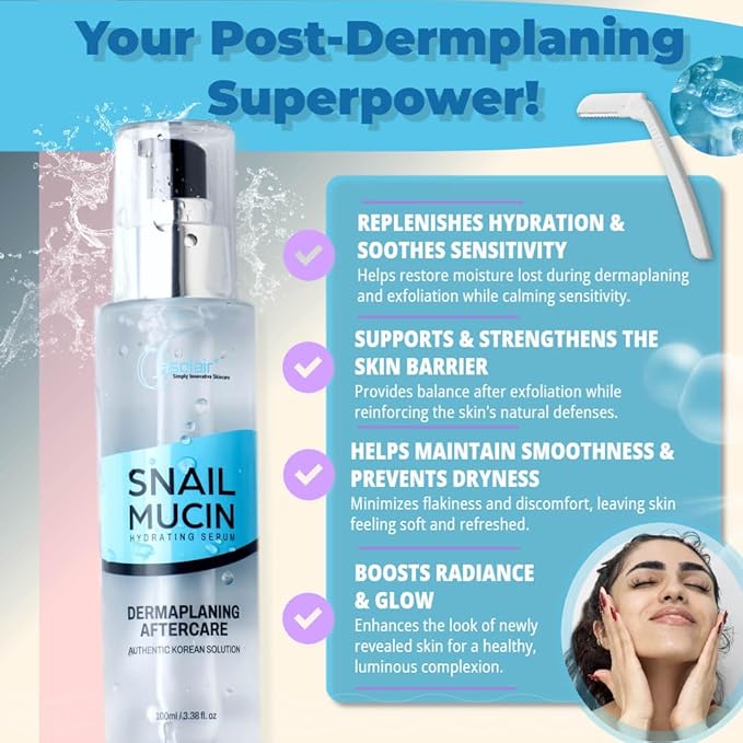 Dermaplane Kit – Dermaplaning Tool & Post-Serum Bundle | Precision Facial Razor for Peach Fuzz & Dead Skin | Hydrating Snail Mucin Serum