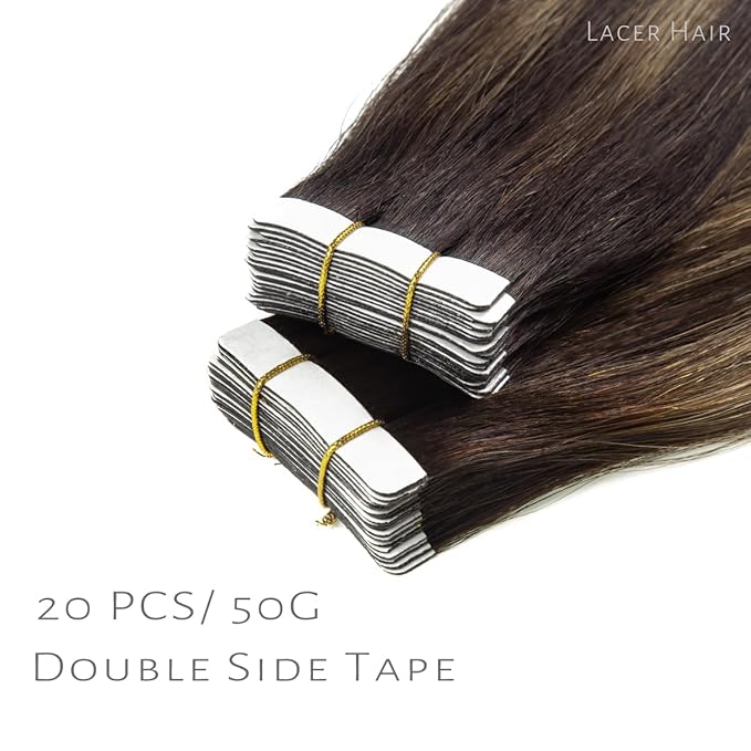 Lacer Brown Glue in Hair Extensions Natural Balayage Seamless Double Side PU Skin Weft Tape in Human Hair Extensions Ombre Darkest Brown to Chestnut Brown 100g 40pcs/set 24 Inch