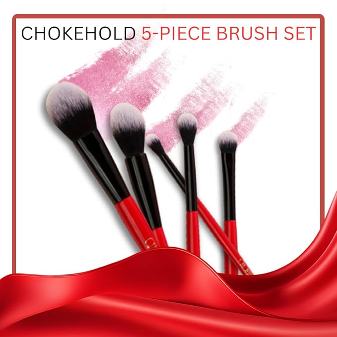 Professional Makeup Brush Set, 5-Piece, Ombre Bristles, Vegan, Red-Black Handle with Gold Branding