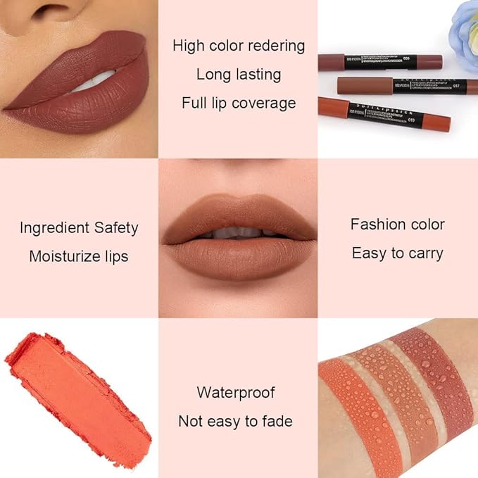 Generic Deep Dark Red Matte Lipstick and Lip Crayon Liner Pencil Pen Set for Women Lip Stain Long Lasting Waterproof labiales (3, 08&17&19)