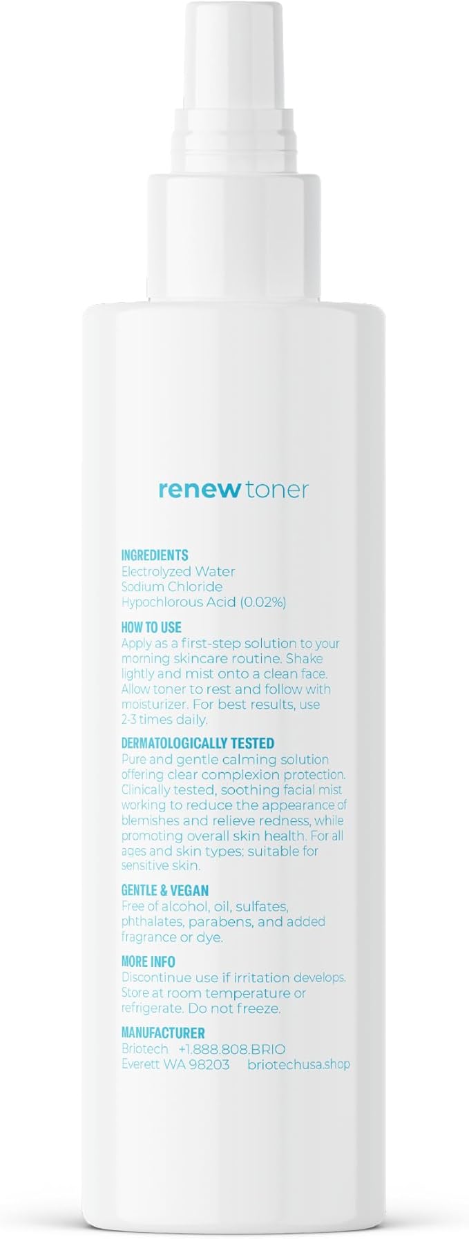 BRIOTECH Renew Toner, Hypochlorous Acid Spray, Minimize Appearance of Blemishes, Soothing Facial Mist for Sensitive Skin, Calm Redness & Bumps, Vegan, 4 fl oz (4 Pack)