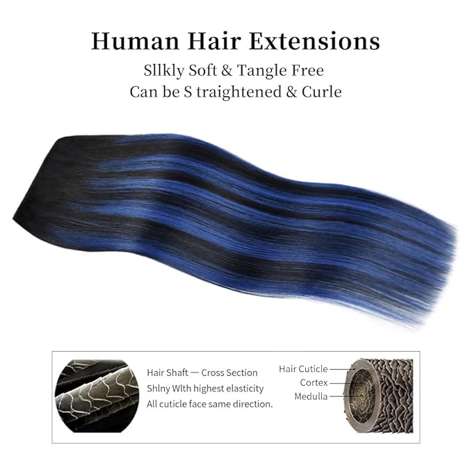 14 Inch Clip-in Hair Extensions Remy Human Hair for Women - Soft Handmade Real Human Hair Clip in Extensions, Straight, Thick, 115g 7pcs #(1B/Blue) T1B Color