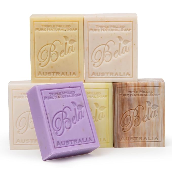 BELA Triple Milled Soap Variety Pack 3.3 OZ Pack of 6, Long Lasting French Triple Milled Bar Soap with Organic Shea Butter, Hand, Face and Body Wash Bar Made in Australia