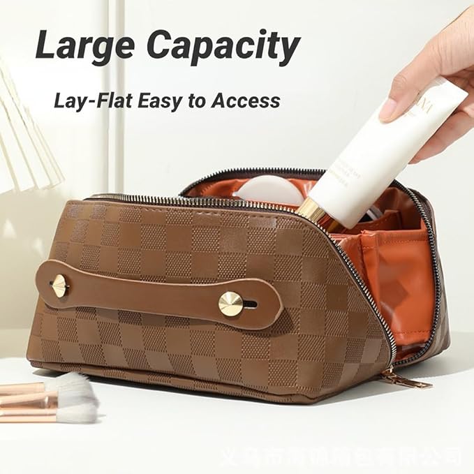 Large Capacity Makeup Bag Portable Travel Cosmetic Bag for Women Girls Gift Makeup Pouch Portable Zipper Bag (Latte Checkered - upgrade)