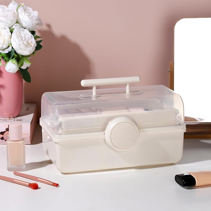 Makeup Storage, Pink Tackle box for Women with Handle. Cosmetic Storage Box Organizer, Portable 3 Layers Makeup Case for Home