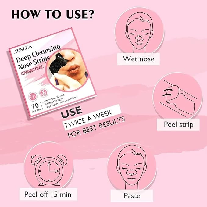 AUSLKA Blackhead Pore Strips,(70 Counts) Blackhead Remover-Deep Cleansing Charcoal Strips - Black Head Nose Strips -Black Head Remover