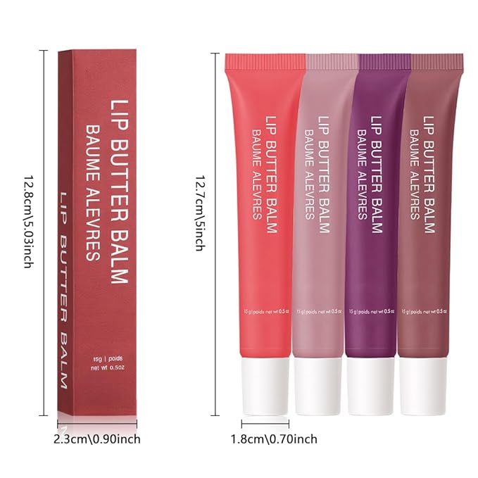 4Pcs Tinted Lip Balm Serum Makeup, Squeeze Hydrating Tint Lips Balms Serum Cosmetic, Women Care Glossy Nourishing Plumping Lip Stain Gloss Lipstick Suitable for dry lips, Set02(#3+#5+#6+#7)
