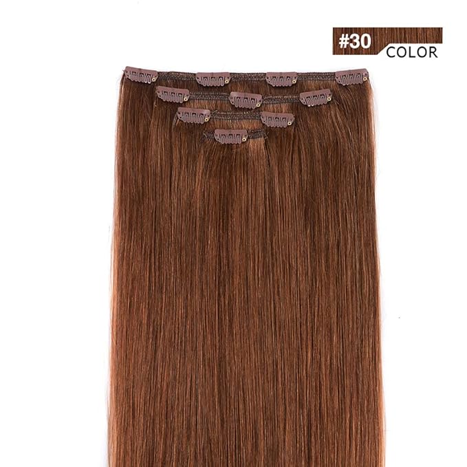 16" Clip in Hair Extensions Remy Human Hair for Women - Silky Straight Human Hair Clip on Extensions Medium Auburn 55grams 4pieces #30 Color