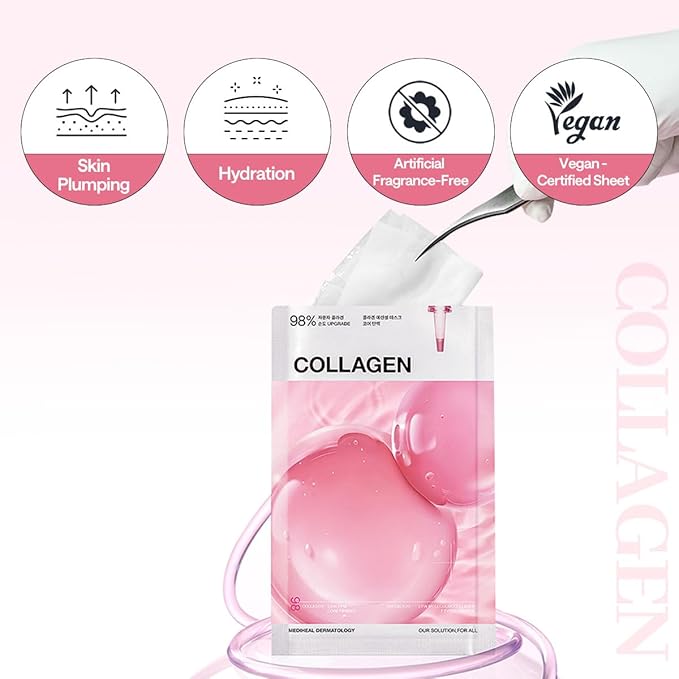 Mediheal Collagen Essential Sheet Mask Core Firming 10 pcs. 98% Vegan Collagen for firming, elasticity, and skin density improvement. Vegan formula