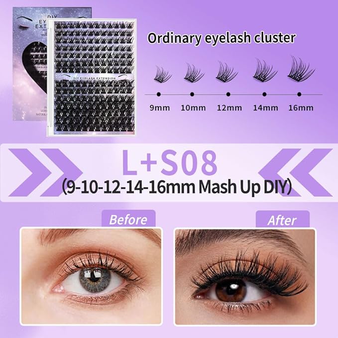 DIY Lash Clusters Kit Lash Extension Kit Natural Volume Lash Extensions Wispy Eyelash Clusters Faux Mink Fiber Lashes Individual Lashes Kit,9-16mm,D Curl,3#L+S08