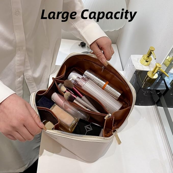 Large Capacity Checkered Makeup Bags Portable Travel Cosmetic Bags Open-Flat Toiletry Bag for Women Girls Make Up Organizer with Divider Pouch Zipper Bag (C-Black)