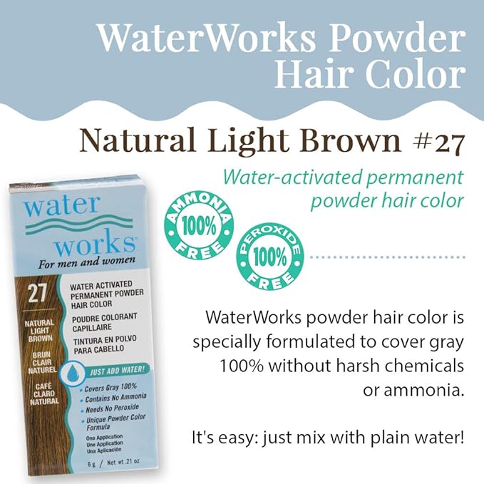 Water Works Hair Color Powder, Light Brown – Permanent Hair Dye for Root Touch-Up & Full Coverage, Men & Women, 3 Pack