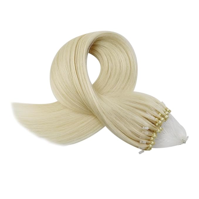 Full Shine Micro Link Hair Extensions 20 Inch Soft Long Human Hair Extensions add Length Color 60 Platinum Blonde Micro Link Extensions for Party 50 Grams